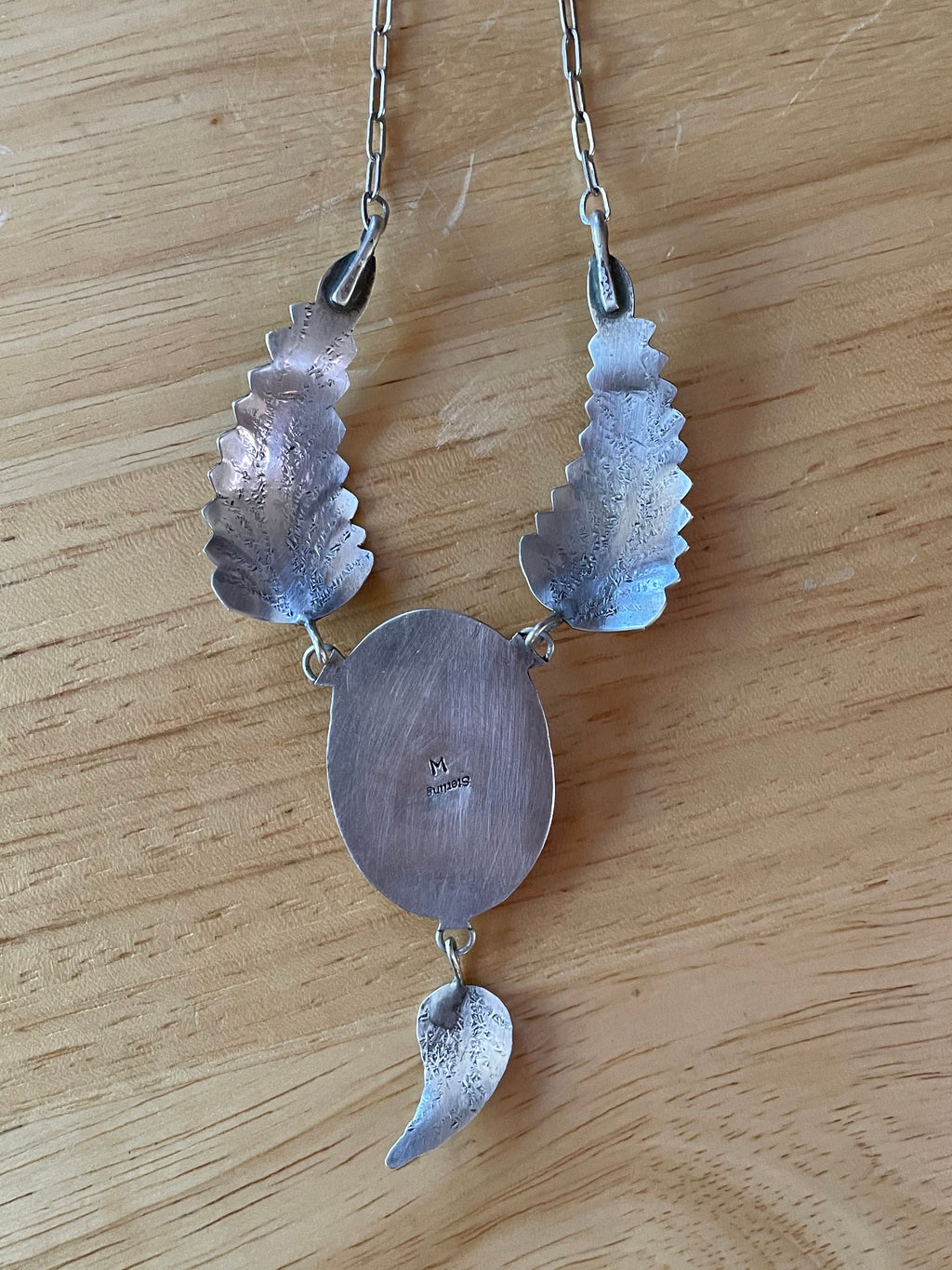 Artist Signed Native American Sterling Silver Turquoise Necklace with Feathers