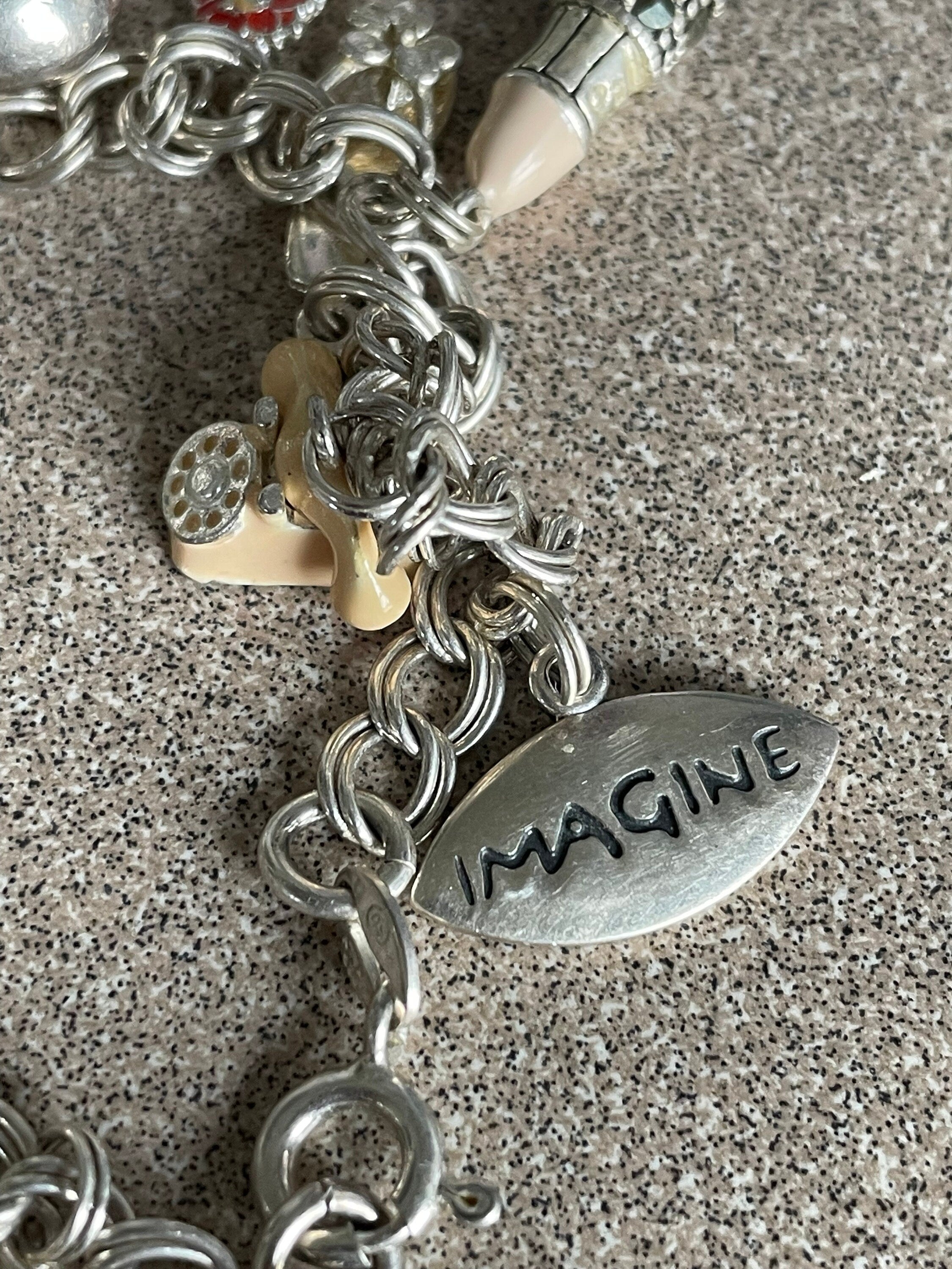 Vintage Sterling Silver Charm Bracelet with 15 Charms Enamel Precious Stones Rhinestones Marked 925