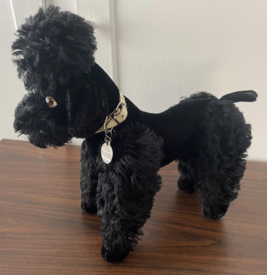 Fully Jointed Large 1940's Steiff Like Black Mohair Poodle Dog with Glass Eyes  13" Long with Rhinestone Studded Collar