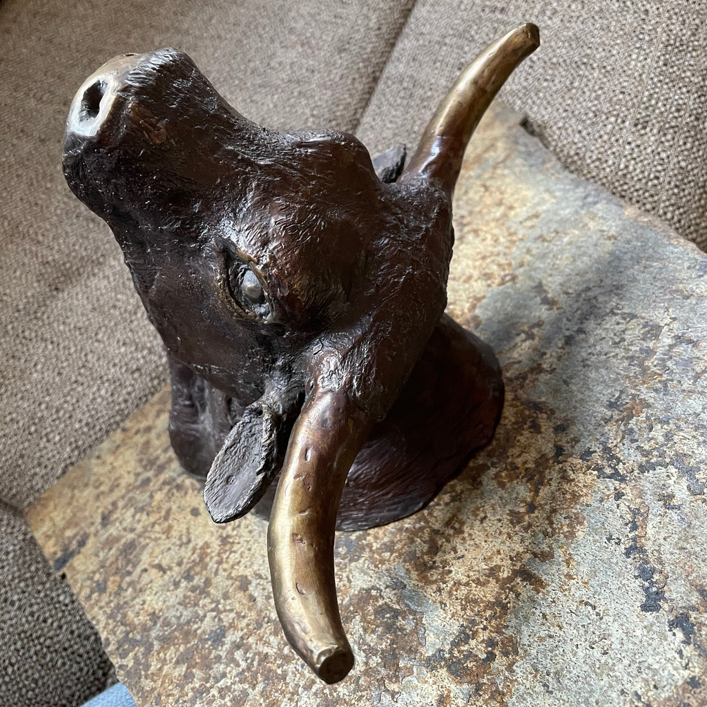 Vintage Artist Designed Solid Bronze Bull Head Attached to Slate Tile
