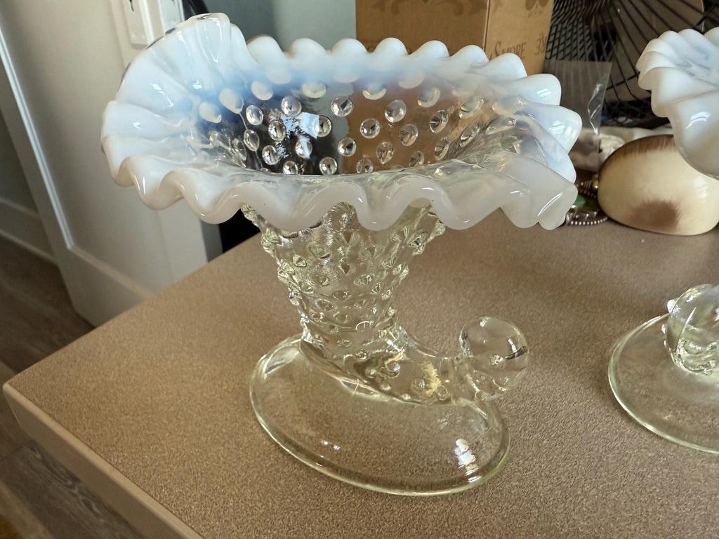 Vintage Pair of Fenton Opalescent Hobnail Moonstone Ruffle Top Horn Vases