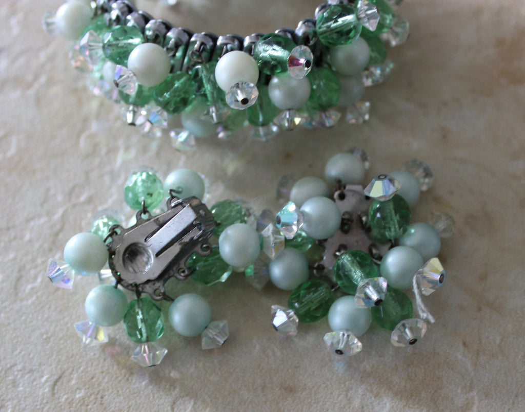 Beautiful Green Beaded Stretch Bracelet with Matching Clip Earrings Set