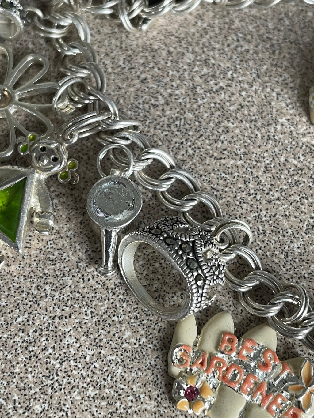 Vintage Sterling Silver Charm Bracelet with 15 Charms Enamel Precious Stones Rhinestones Marked 925