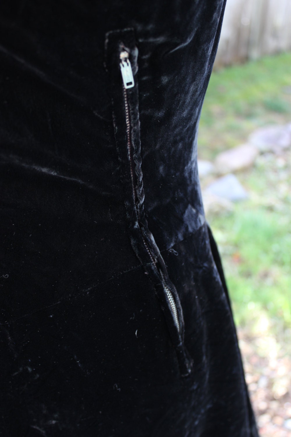 Genuine 1960's Black Velvet Maxi Dress with Lace and Pearls