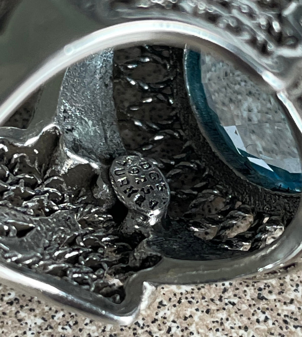 Beautiful Ladies High Setting Turkish Sterling Silver Aquamarine/Blue Topaz  Filigree Ring Size 6