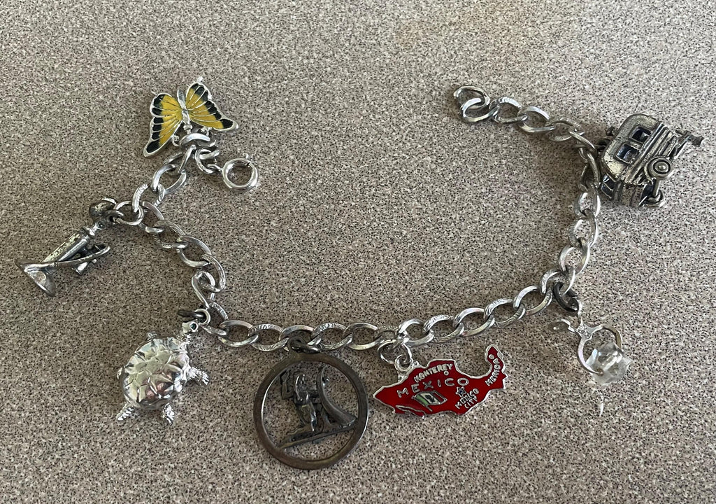 Vintage Sterling Silver Charm Bracelet with 7 Charms Enamel Marked Sterling Vintage Camper Phone Butterfly Turtle Artist Signed