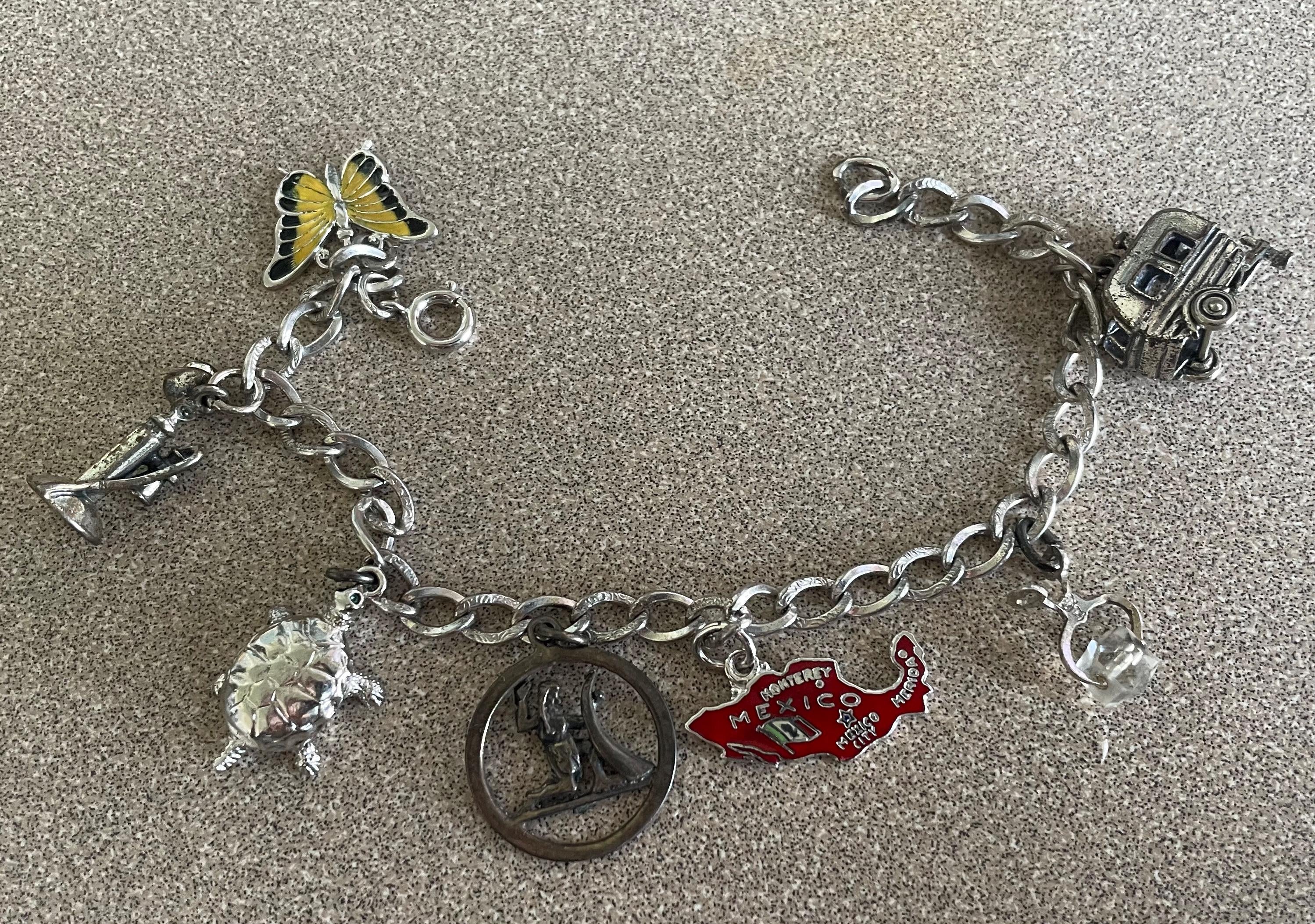 Vintage Sterling Silver Charm Bracelet with 7 Charms Enamel Marked Sterling Vintage Camper Phone Butterfly Turtle Artist Signed