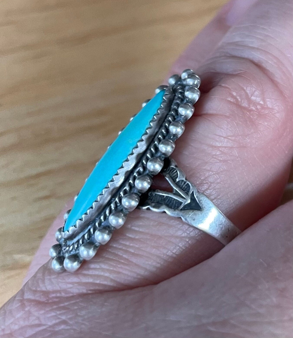 Vintage Artist Signed Native American Turquoise Ring Size 8 1/2