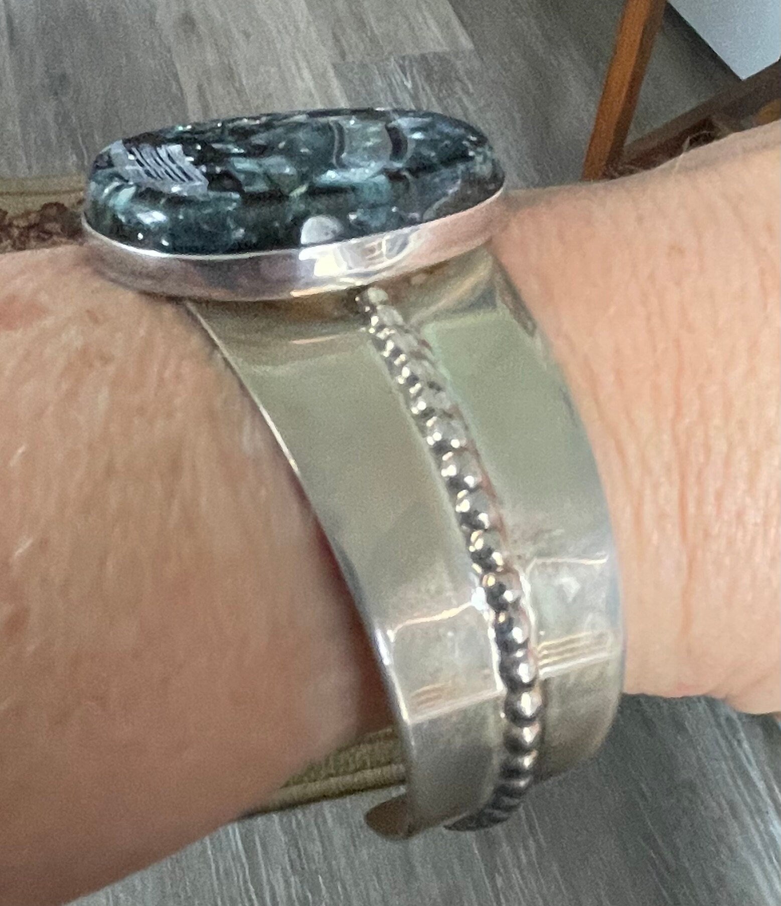 Unique Large Black and Silver Foil Dichoric Glass Jay King Desert Rose Cuff Bracelet Stamped DTR
