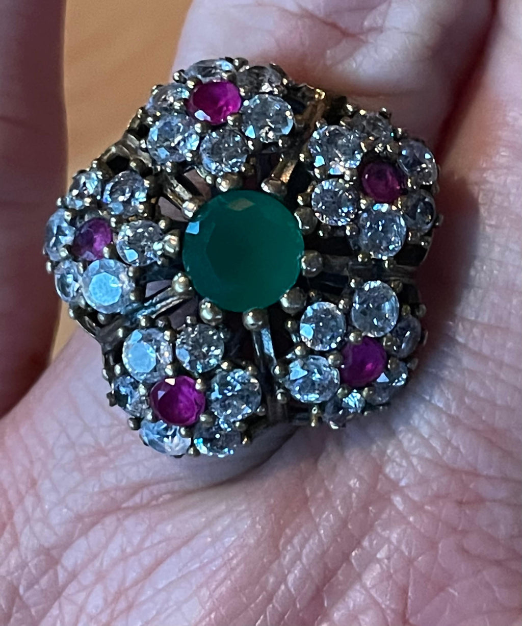 Large Stunning Turkish Sterling Silver Emerald Ruby and Clear Topaz Stone Ring Size 8 1/2