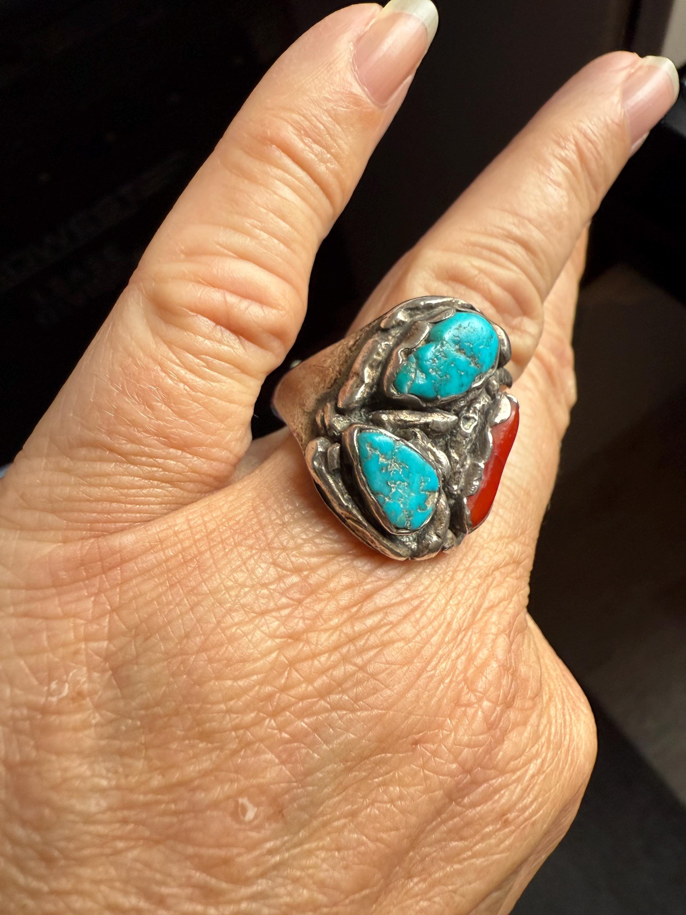 Vintage Mens or Ladies Large Native American Turquoise and Coral Sterling Ring Size 12
