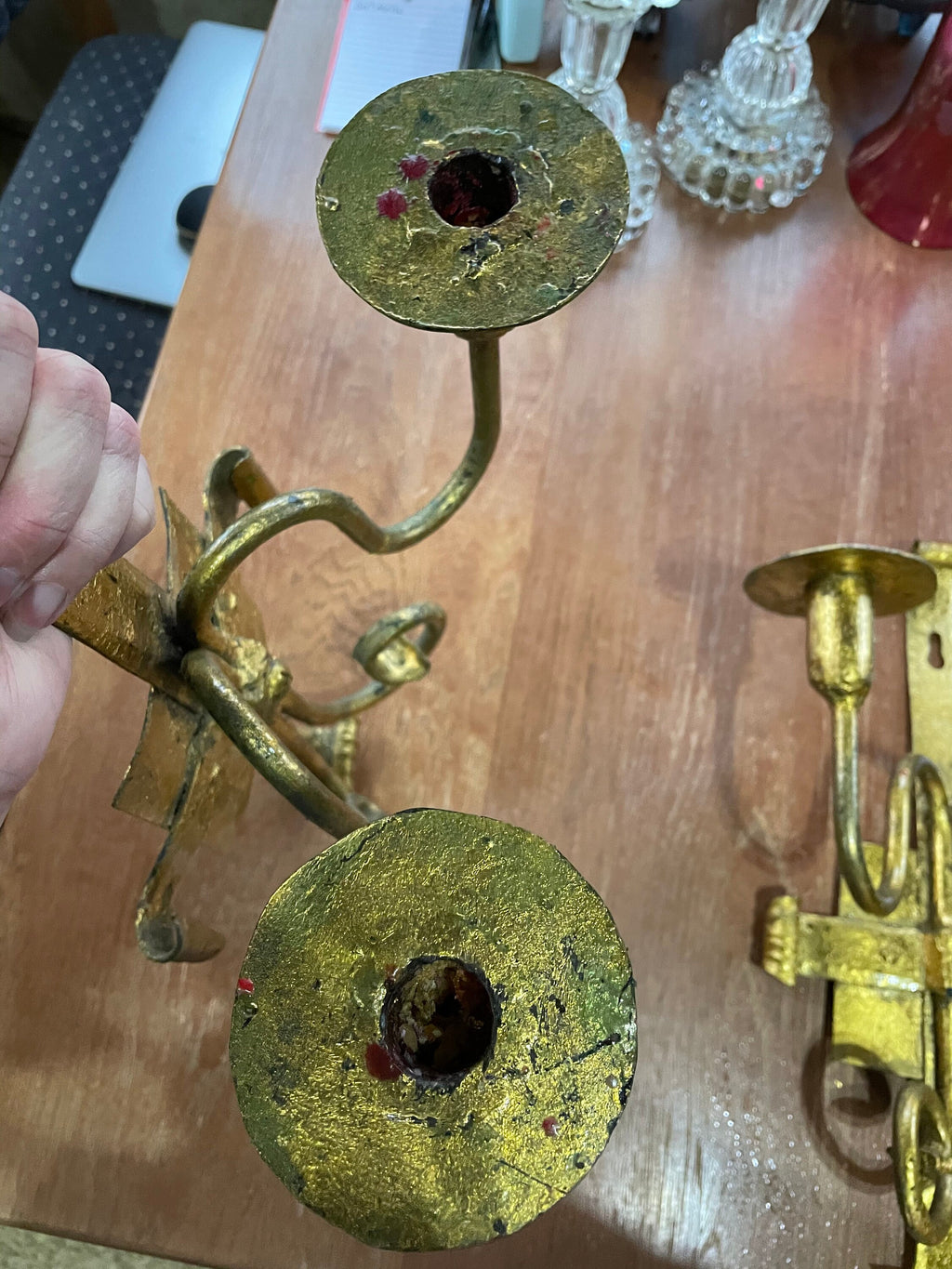 Huge Antique Wrought Iron Gothic Candle Wall Sconces Pair 2 Painted Gold