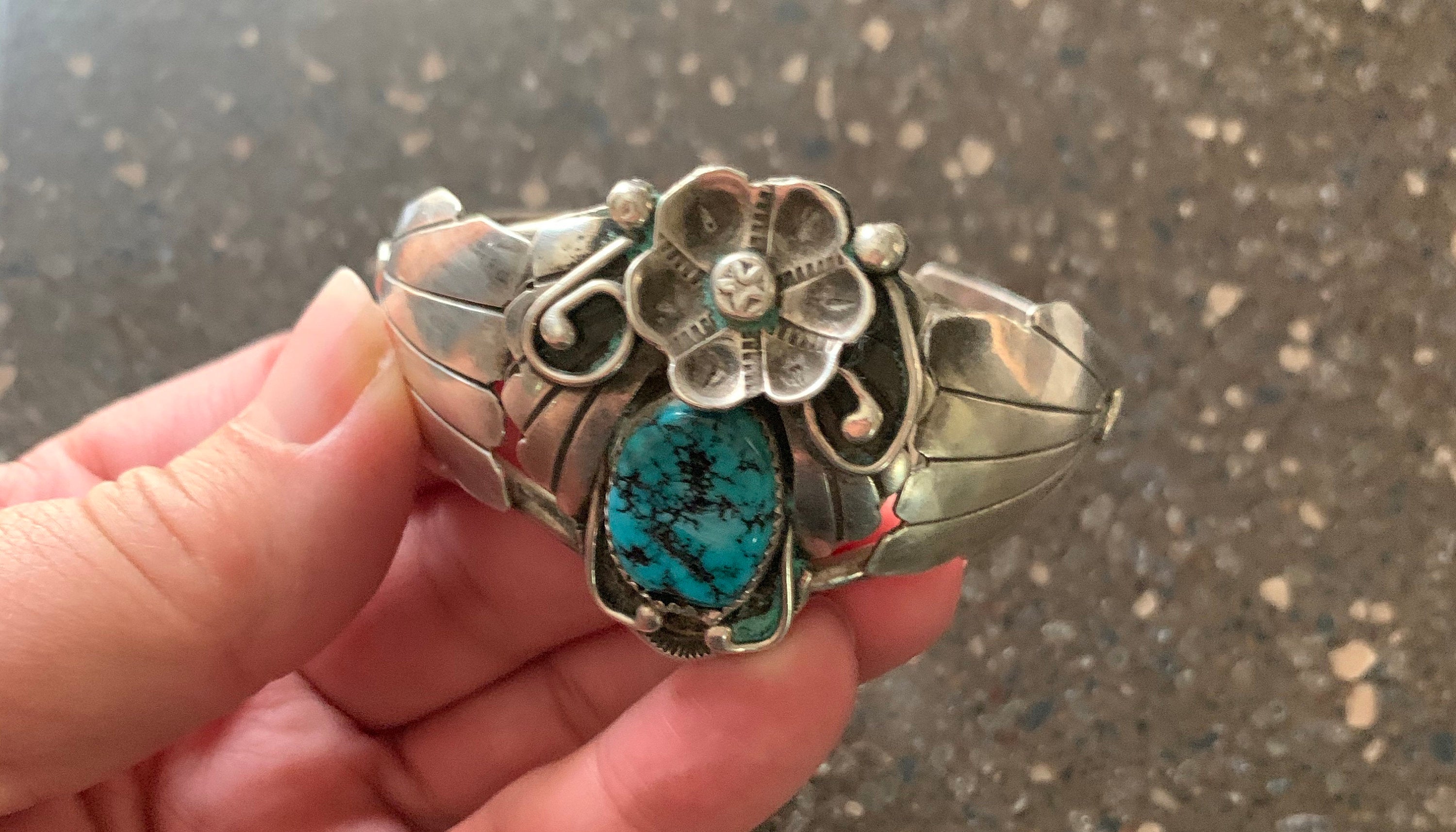 Vintage Native American Sterling Silver Turquoise Cuff Bracelet Signed JB