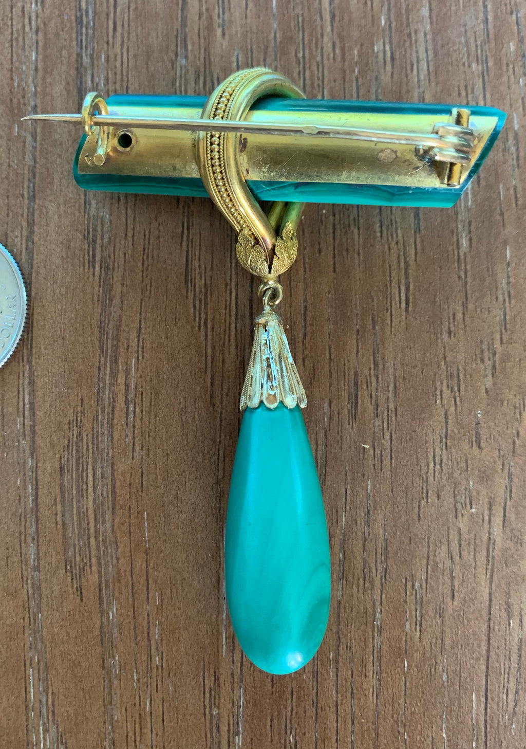 Super Rare 22k Gold Malachite Deco Brooch Pin made in France Stamped