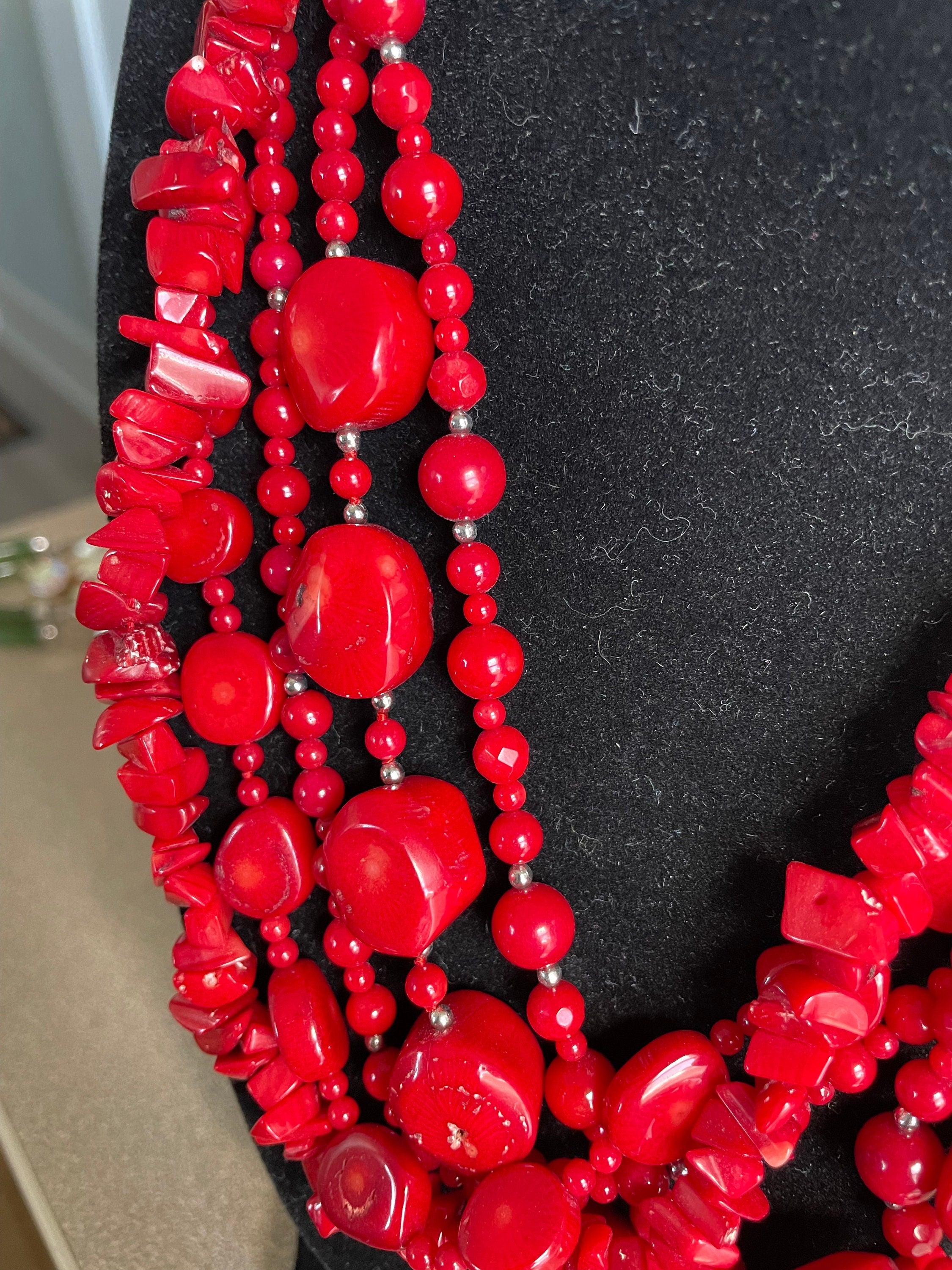 Vintage Natural Coral Chunky Beaded 5 Strand Necklace with Sterling Silver Clasp Signed CN