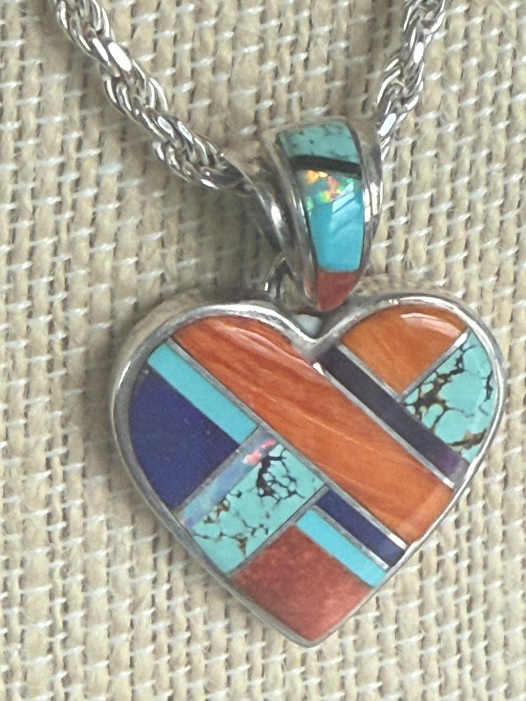 Unique Vintage Native American Turquoise Spiny Oyster Sterling Silver Double Sided Heart Pendant Necklace Signed
