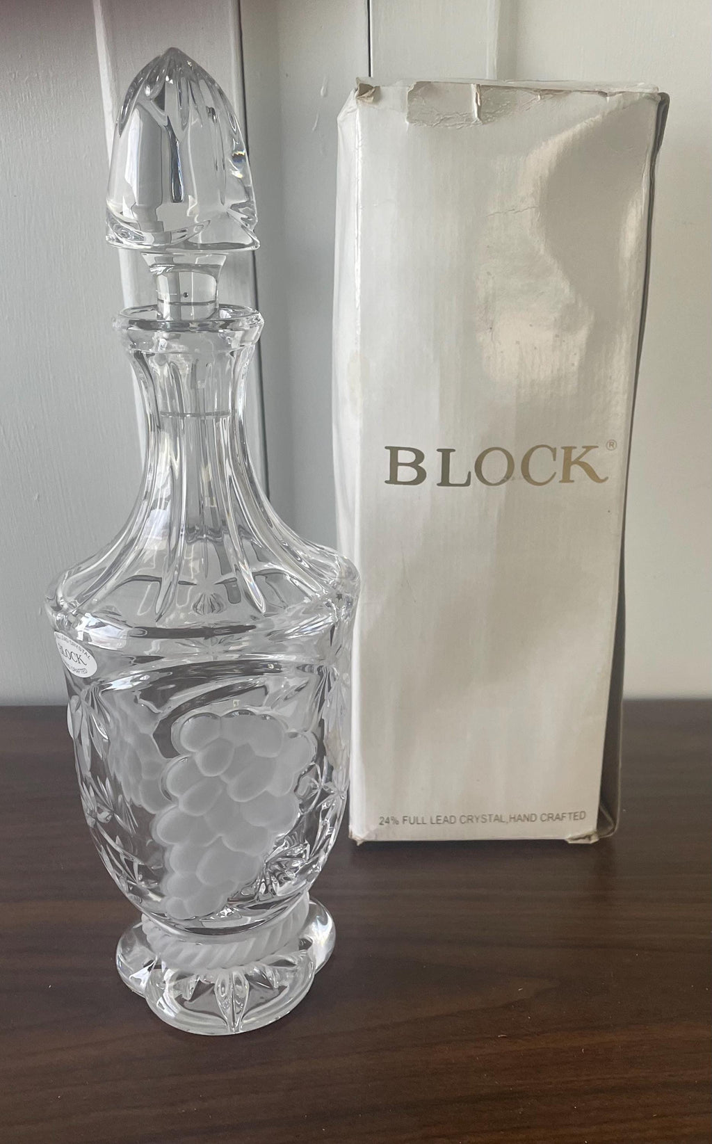 Stunning Vintage Block Heavy Cut Crystal Liquor Decanter Wine Carafe Very Elegant with Grape Pattern