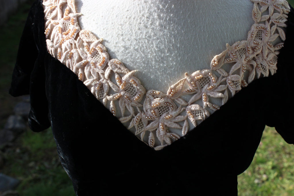 Genuine 1960's Black Velvet Maxi Dress with Lace and Pearls