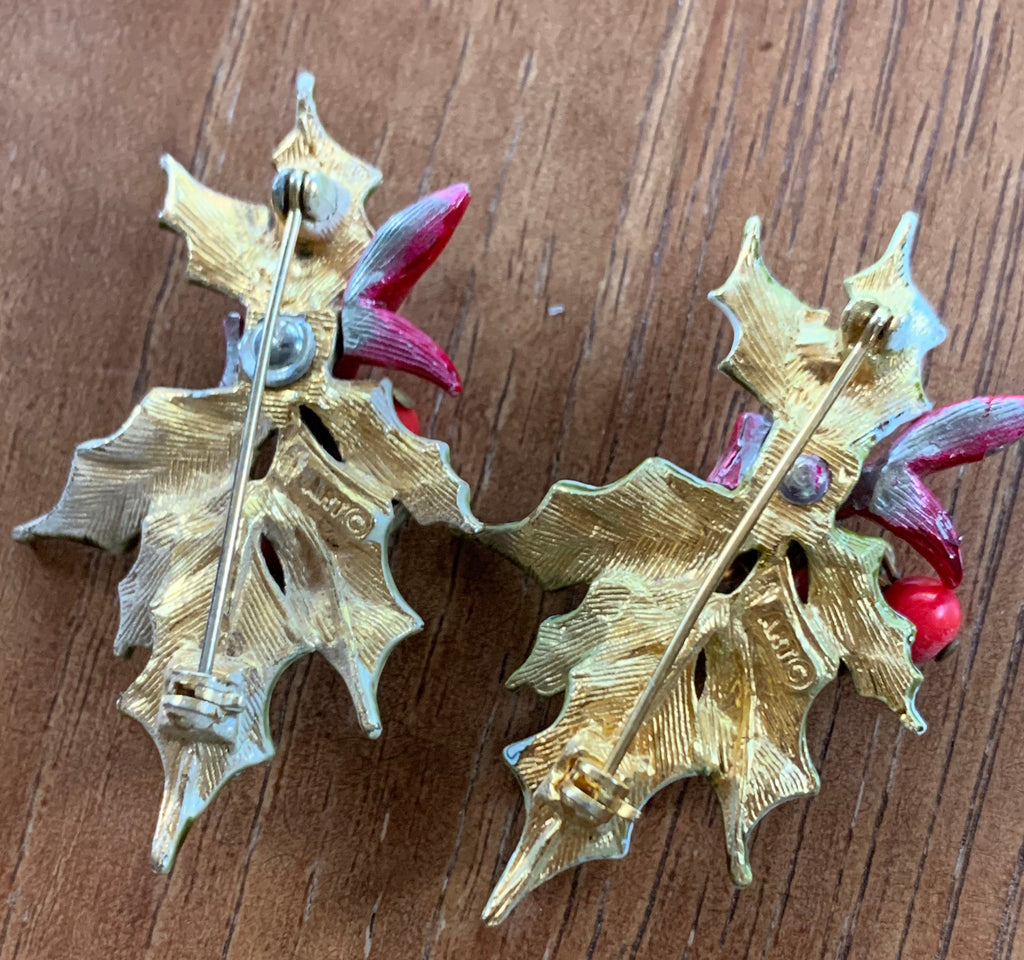 2 Signed ART Holly Berry Enamel Christmas Pins