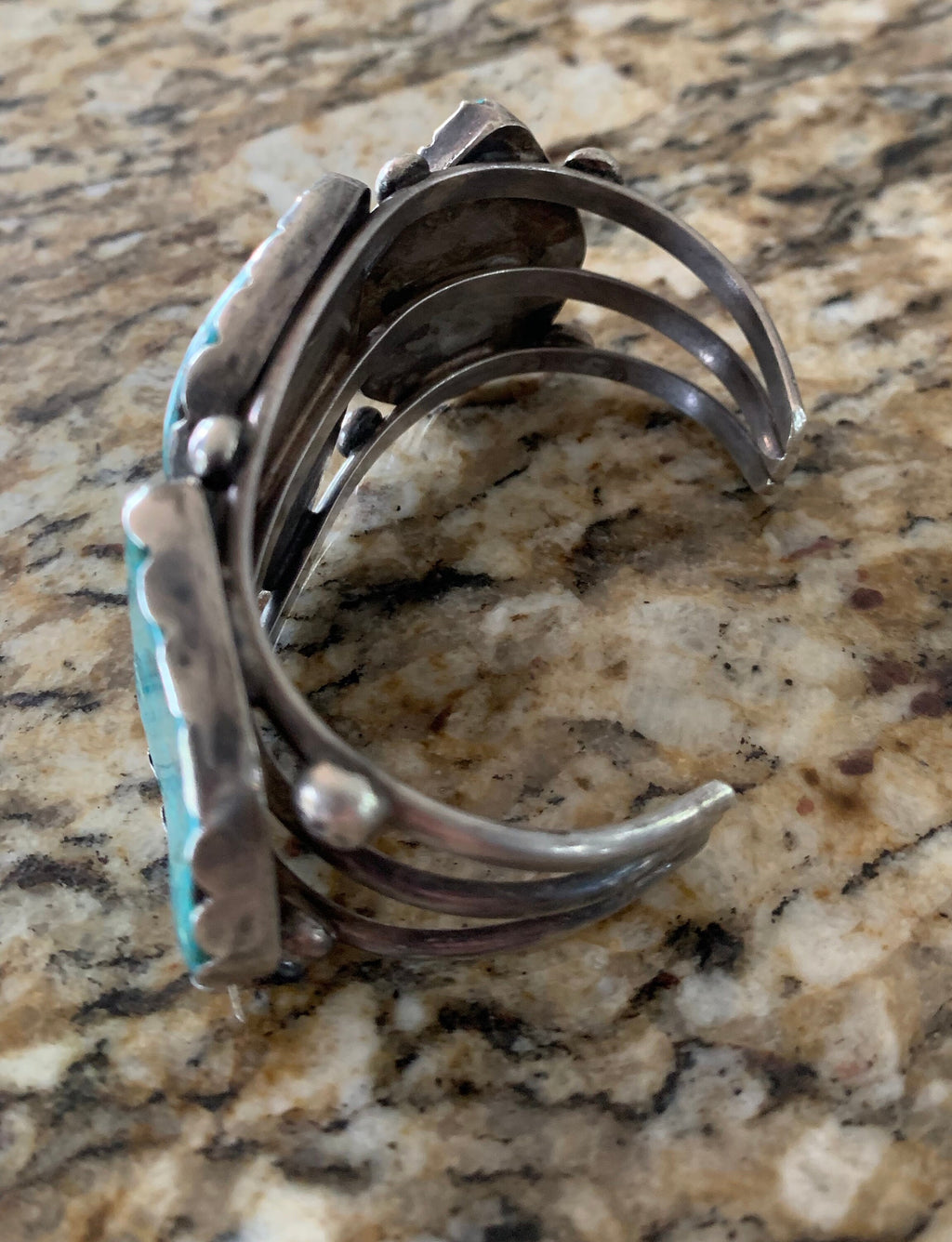 Huge Heavy Sterling Silver Old Pawn Turquoise Navajo Cuff Bracelet Squash Blossom Native American