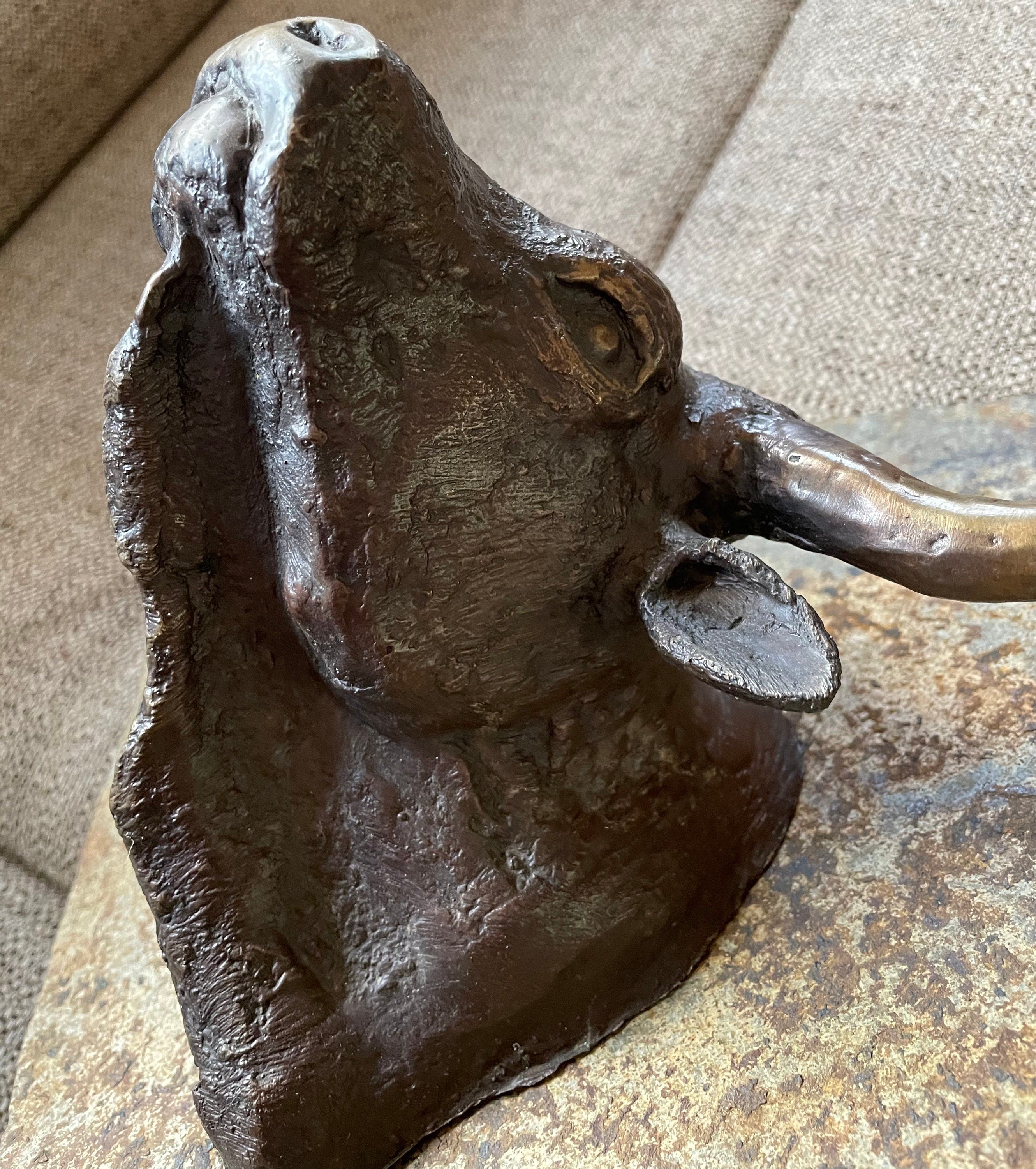 Vintage Artist Designed Solid Bronze Bull Head Attached to Slate Tile