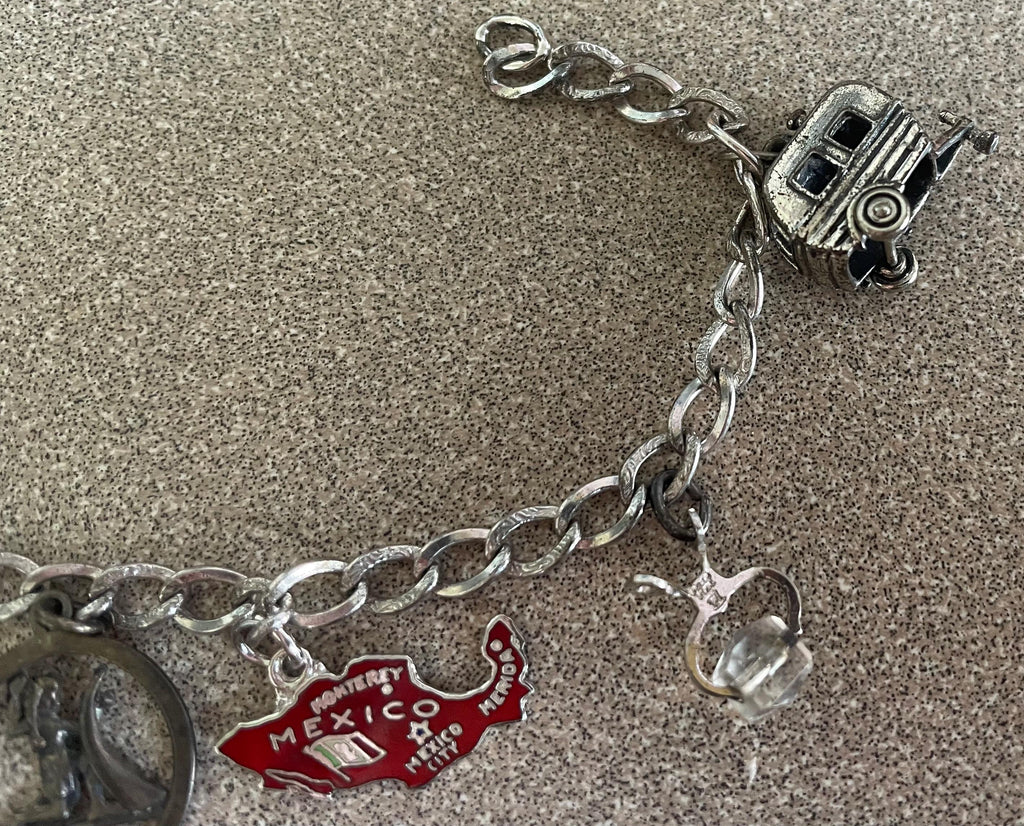 Vintage Sterling Silver Charm Bracelet with 7 Charms Enamel Marked Sterling Vintage Camper Phone Butterfly Turtle Artist Signed