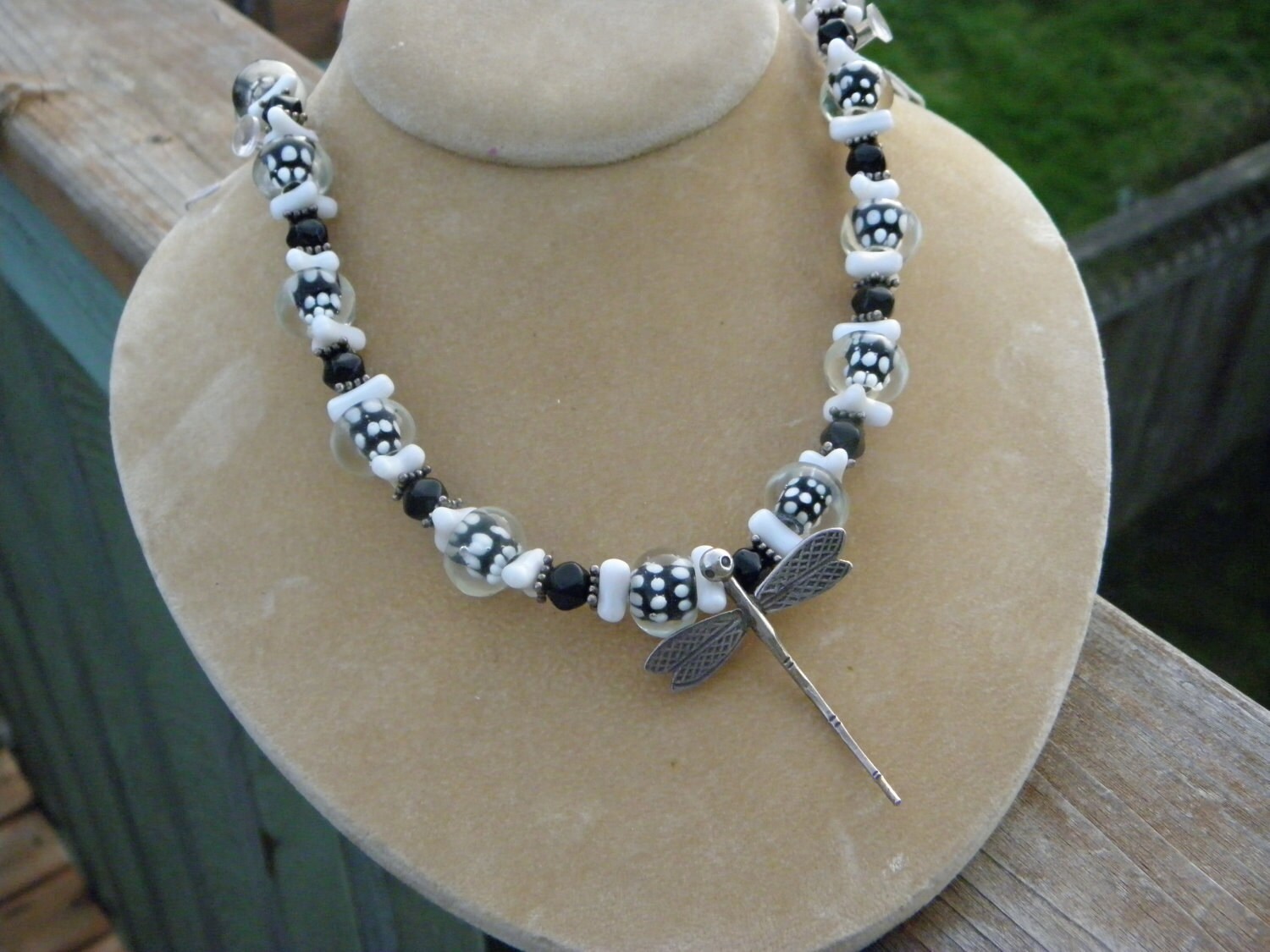 Beautiful Black and White Murano Glass Beads with Sterling Dragonfly Necklace  Artist Design