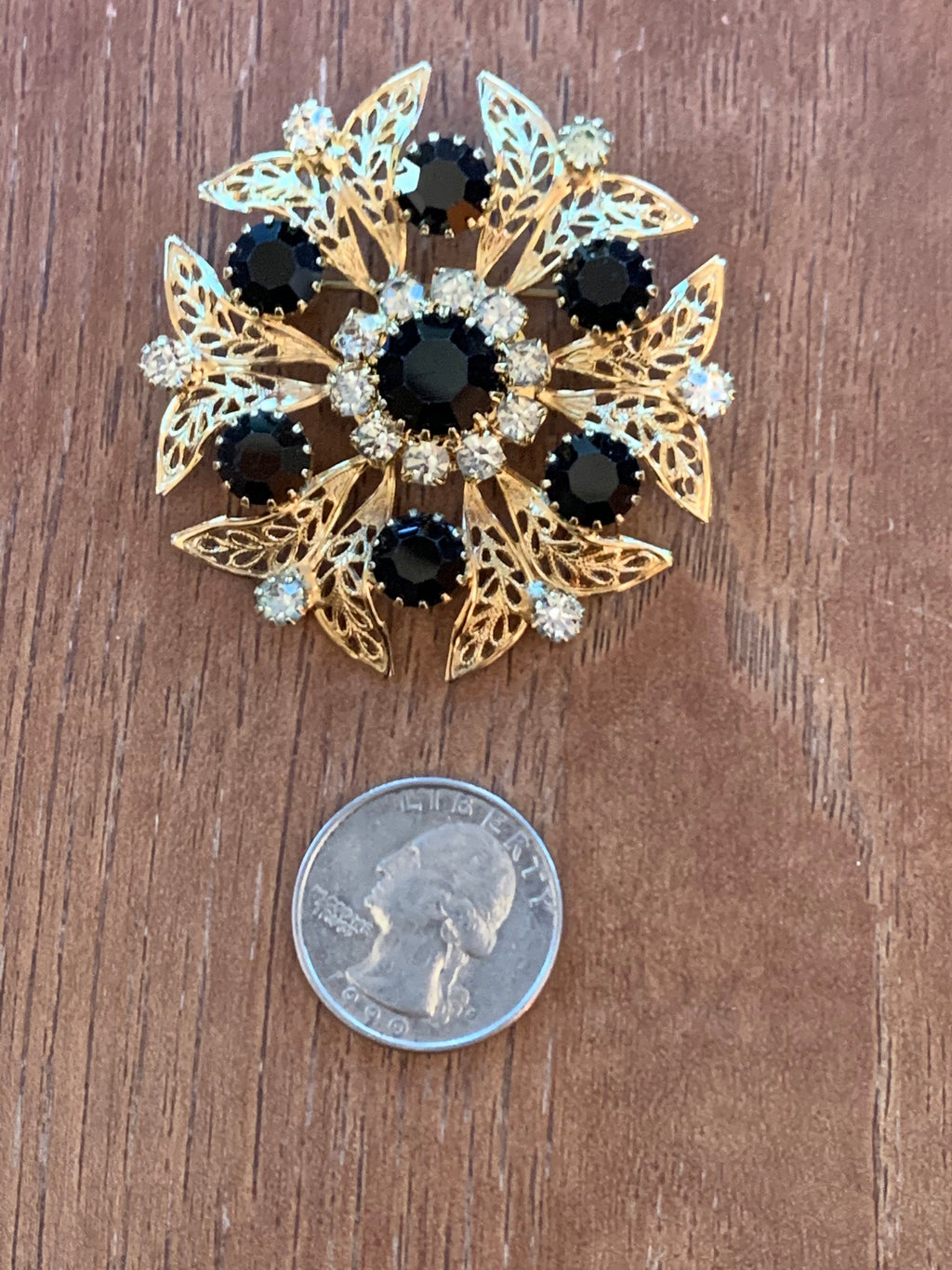Beautiful Gold Black and White Rhinestone Brooch Pin Signed Celebrity NY