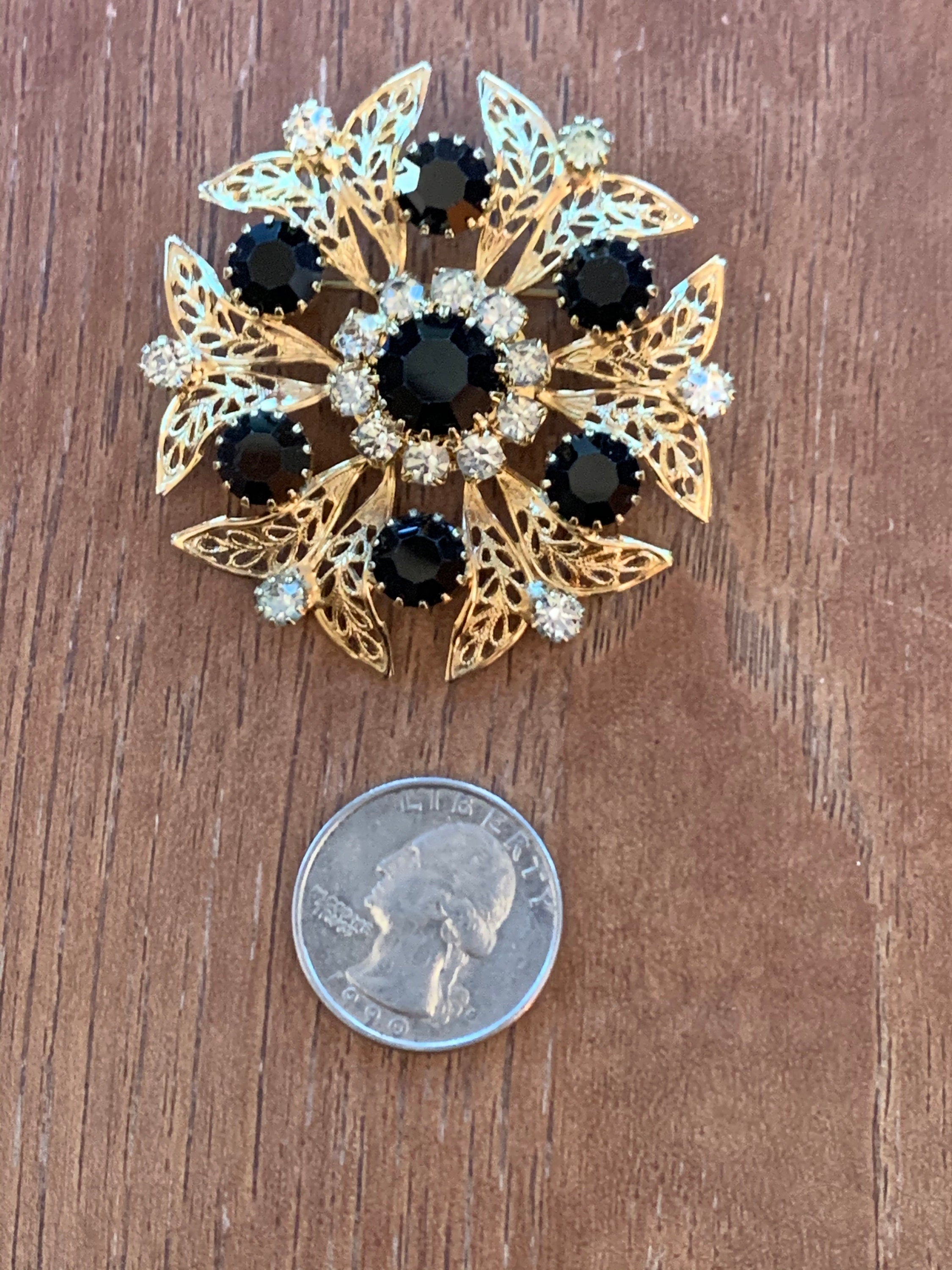Beautiful Gold Black and White Rhinestone Brooch Pin Signed Celebrity NY