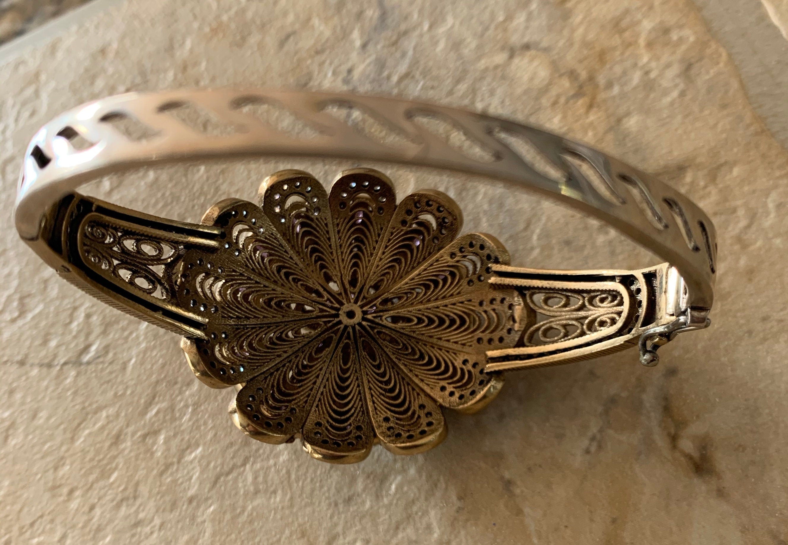 Stunning Large Amethyst Sterling Silver Bronze Turkish Hinged Bracelet