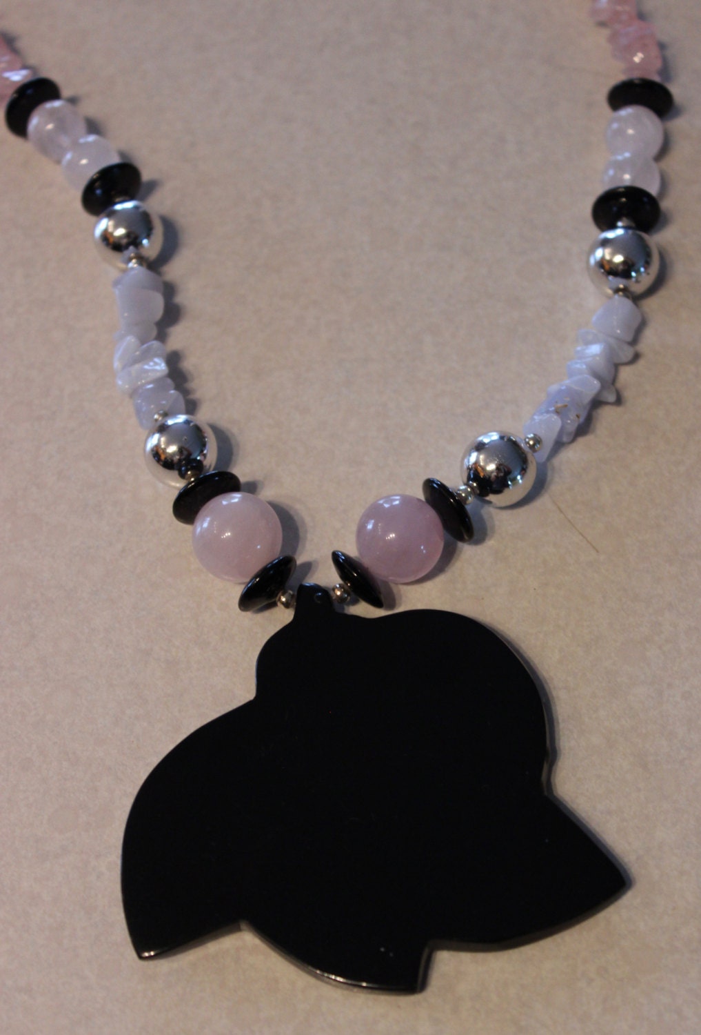 Vintage 1980's Abalone Lucite Rose Quartz Bead Fashion Necklace