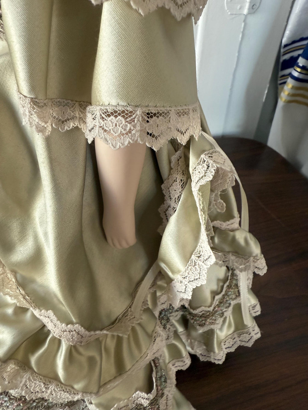 Antique 18" German Parian China Head doll Reproduction with Handmade Satin Green Lace Dress Glass Eyes