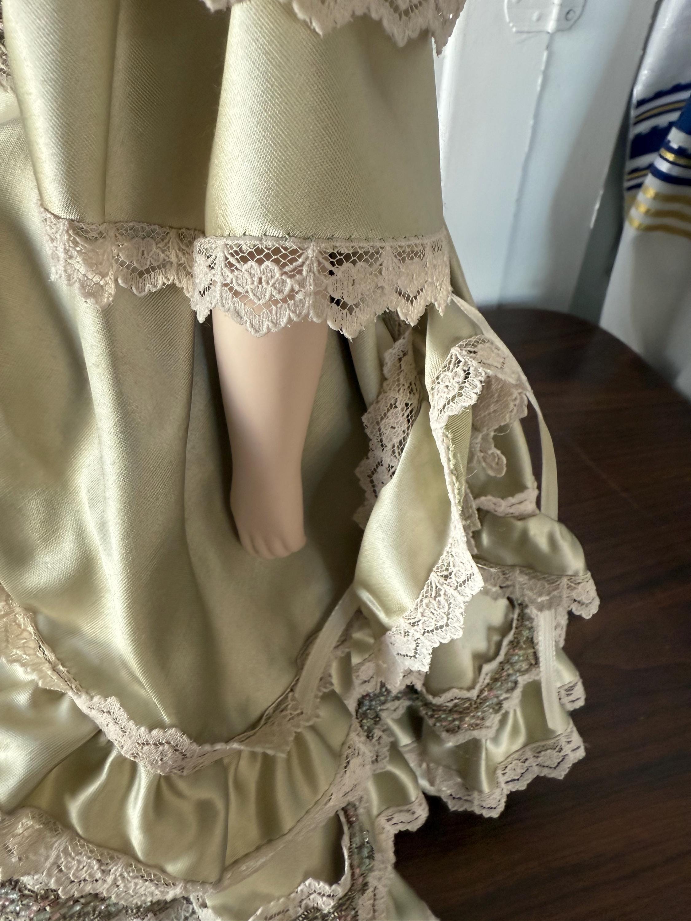 Antique 18" German Parian China Head doll Reproduction with Handmade Satin Green Lace Dress Glass Eyes