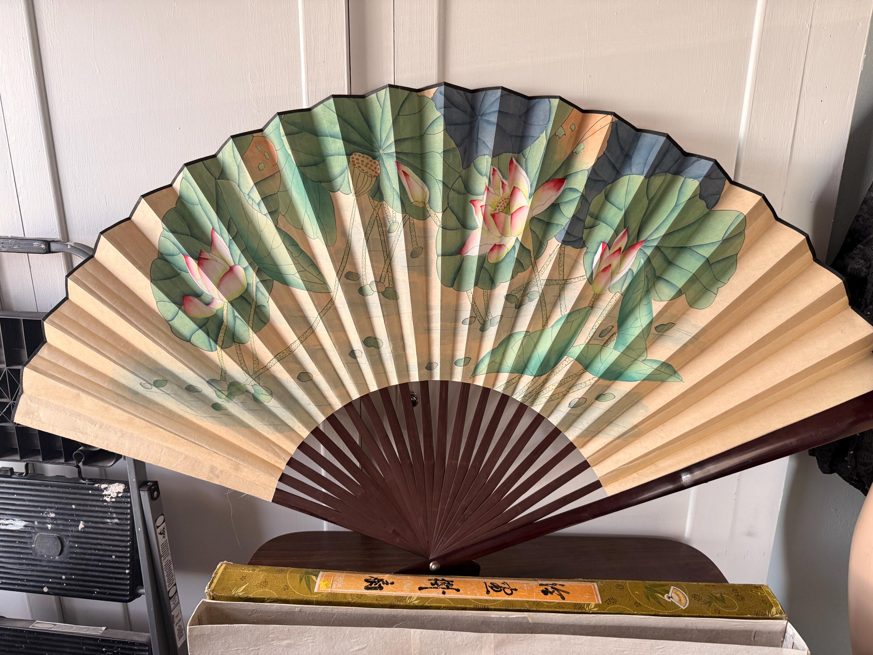 Artist Signed Large Vintage Silk Pictorial Wall Fan Artwork Made in China in Original Box