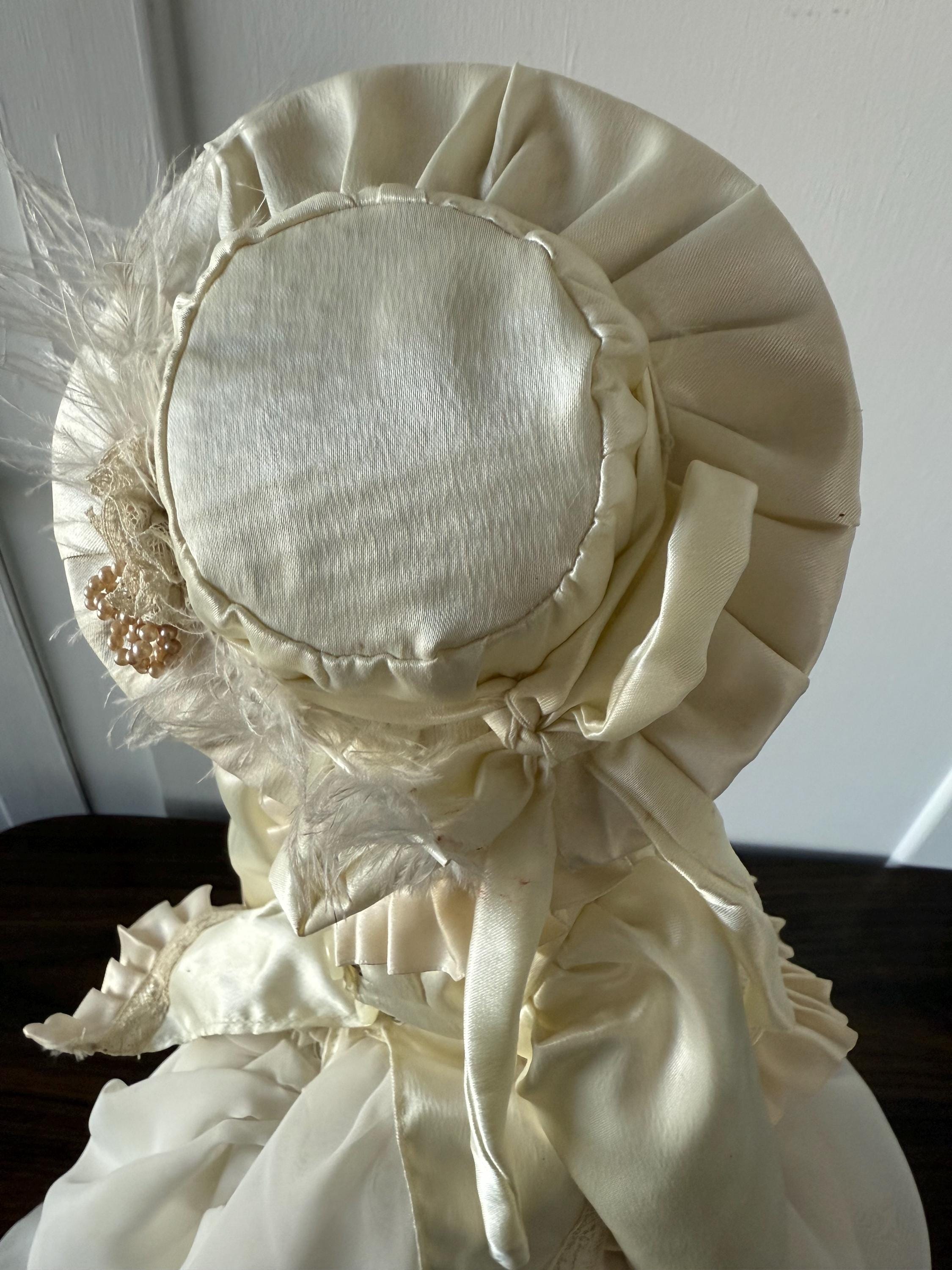 Antique 20" German Parian China Head doll Reproduction with Handmade Satin Off White Lace Dress Blue Glass Eyes