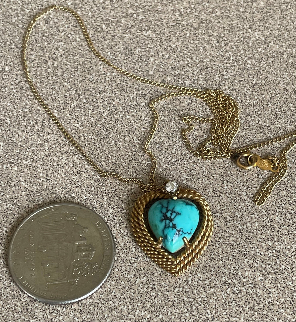 Beautiful Artist Signed 18k Gold Diamond Turquoise Heart Pendant Necklace with 14k Gold Chain