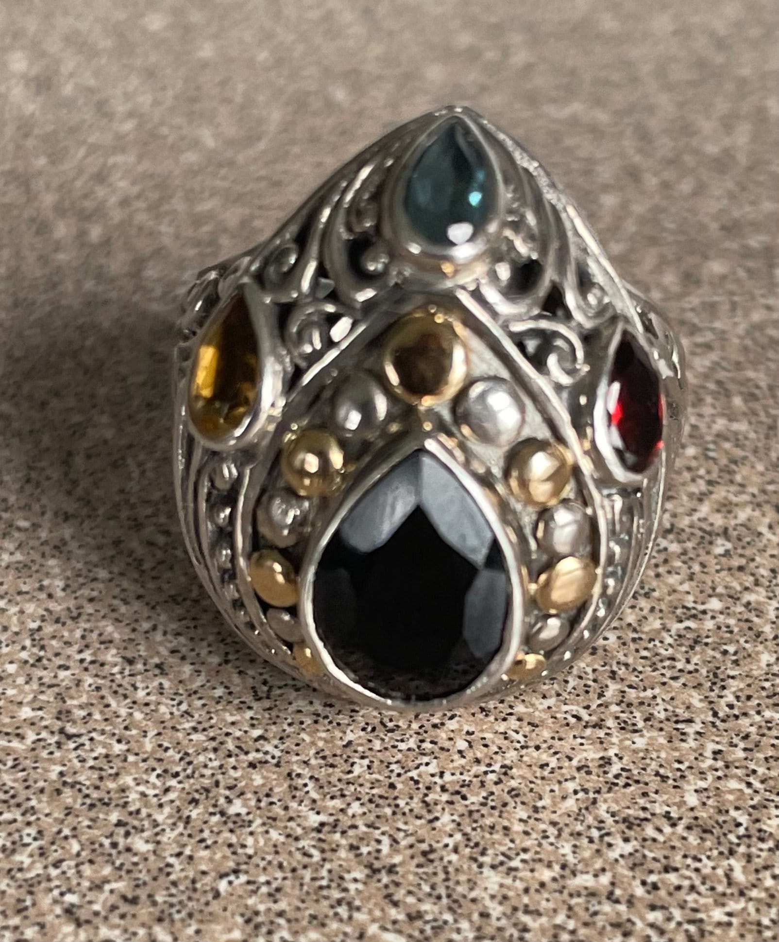 Stunning Vintage Bali Estate Multi Stone Stamped "M" For Robert Manse Sterling Silver 18k Gold Ring Size 6 Onyx Aquamarine Citrine Garnet