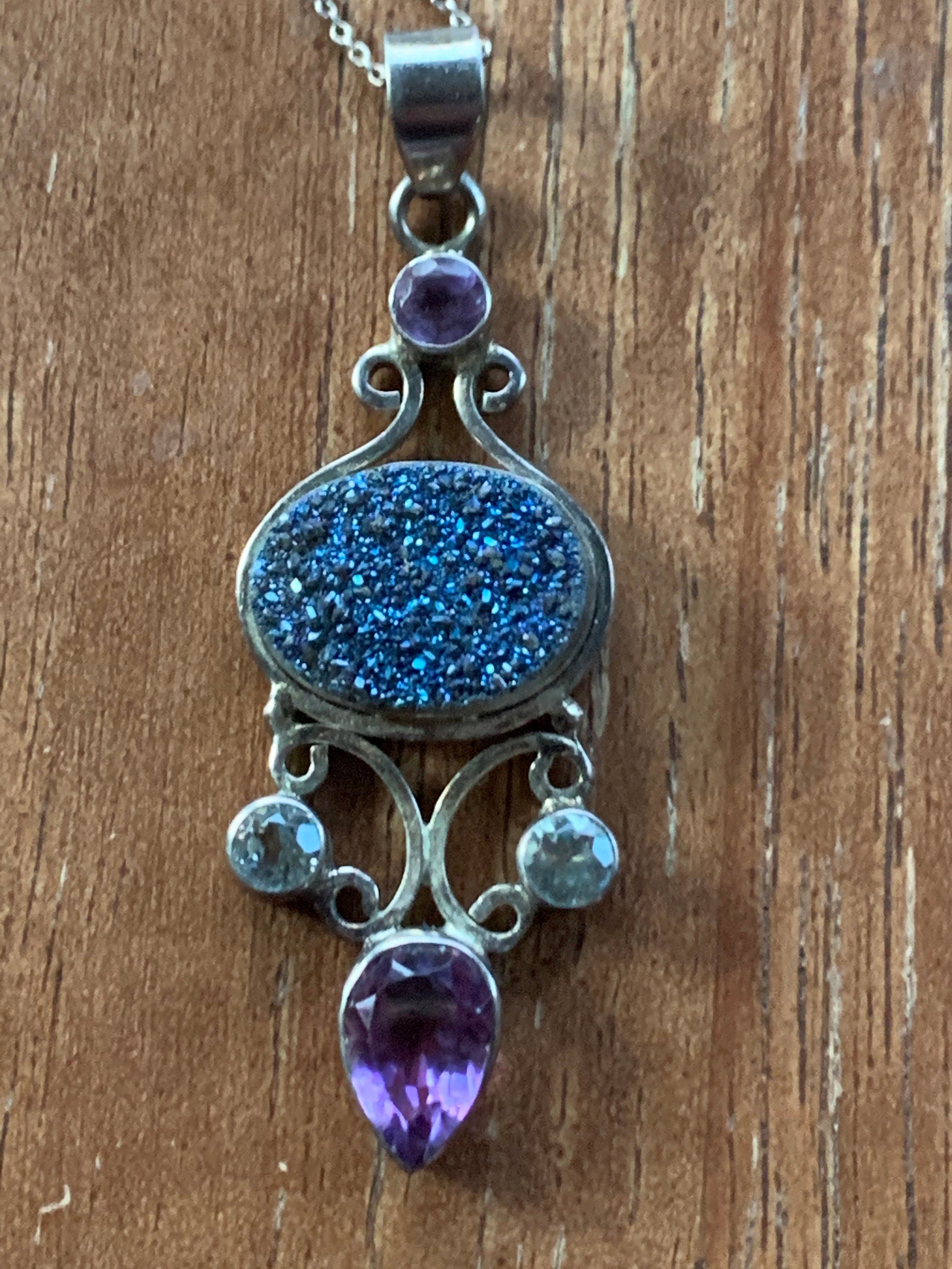 Beautiful Unique Sterling Silver Titanium Druzy Amethyst Pendant Necklace