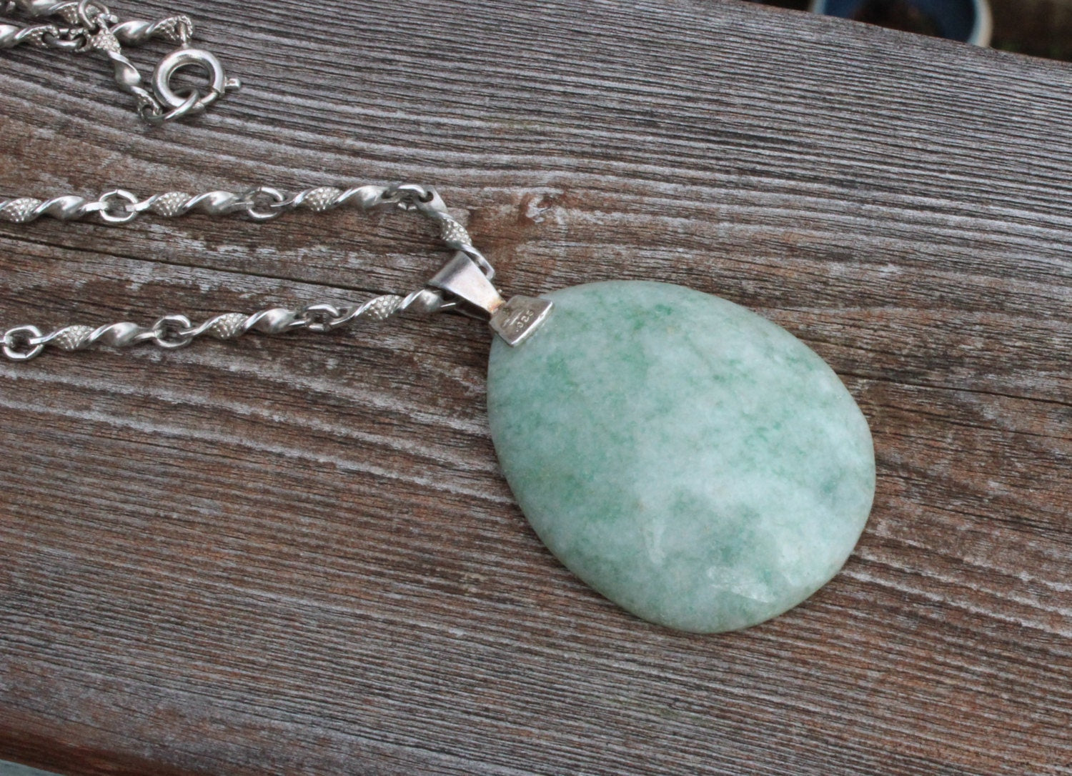 Vintage Large Light Green Jade Cabochon Pendant Necklace with Sterling Silver