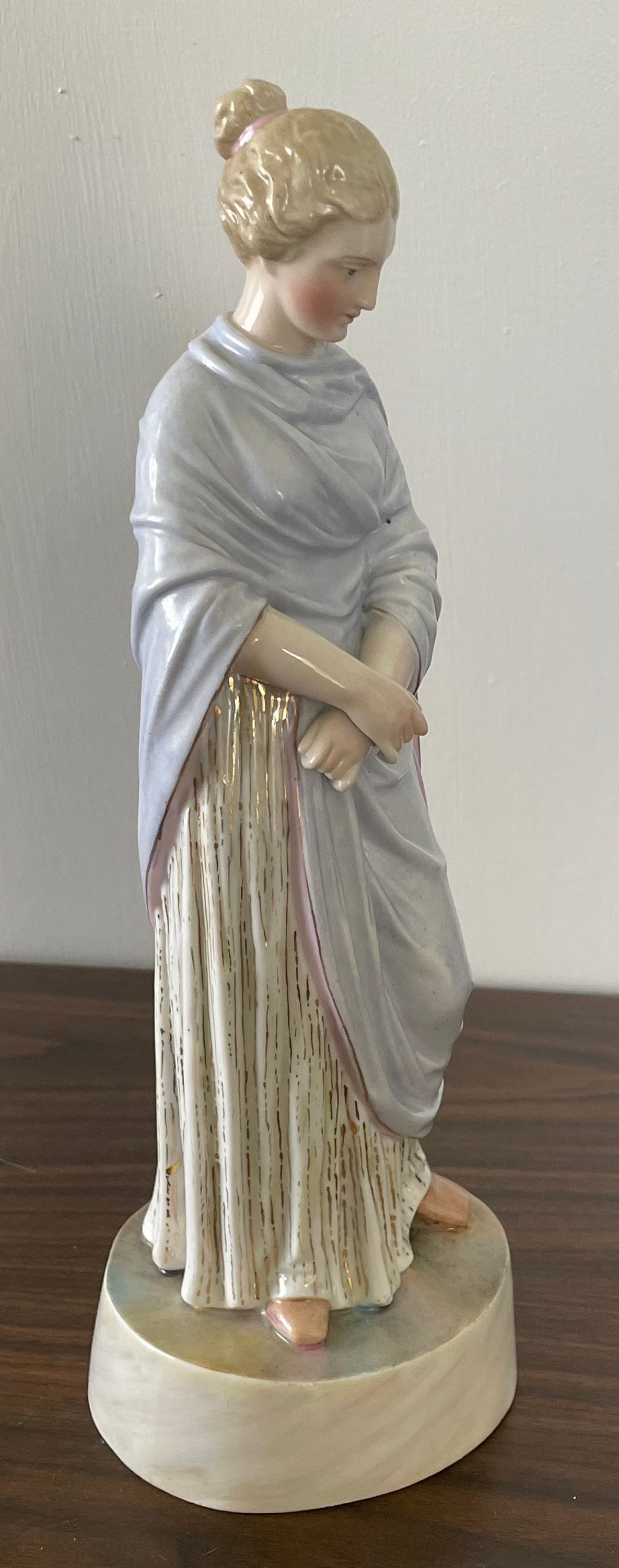 Antique Marked Meissen German Hand Painted Graceful Victorian Lady with Gold Dress Cross Swords