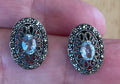 Sterling Silver Marcasite and Aquamarine Stone Post Earrings Artist signed JC