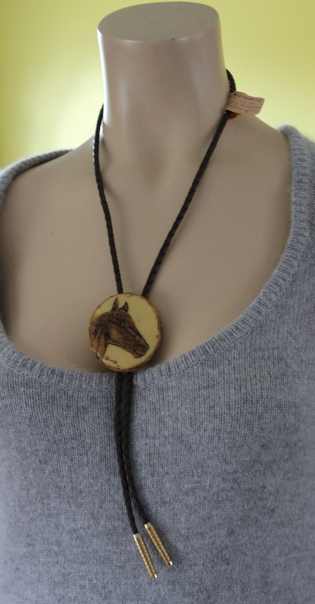 Vintage Signed Desert Impressions Oil Painted Horse Image Bolo Tie