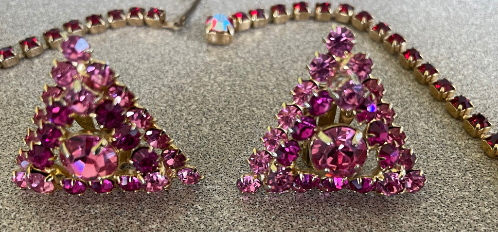 Unique Vintage Red and Pink Watermelon Rhinestone Necklace Bracelet and Clip Earrings Set Triangle Clip Earrings Chocker Necklace
