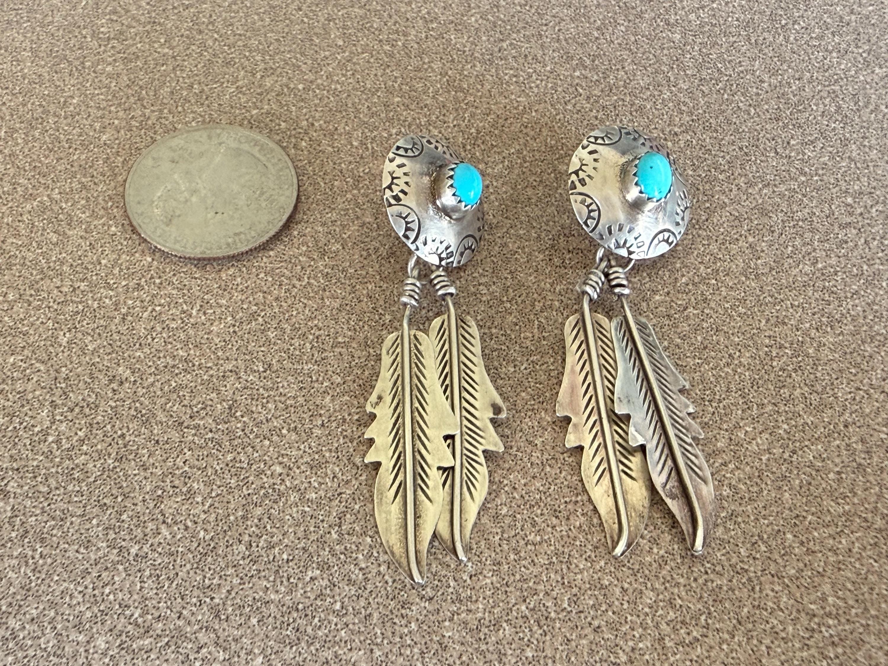 Beautiful Native American Sterling Silver and Turquoise Feather Dangle Post Earrings 2 1/2" long