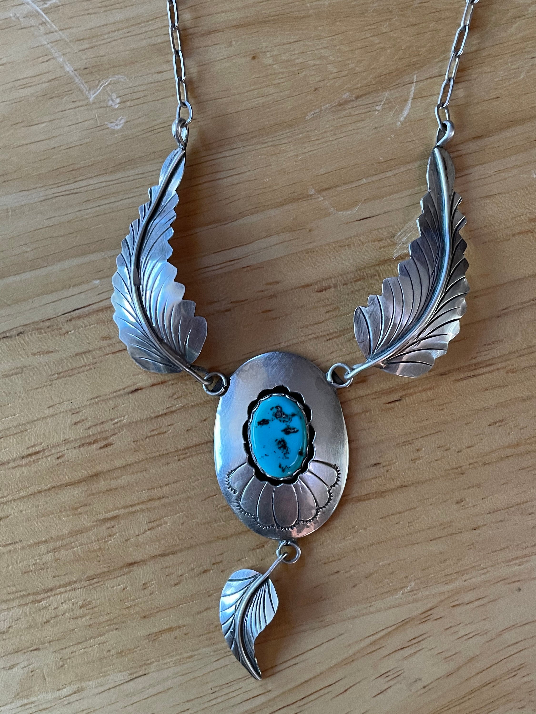 Artist Signed Native American Sterling Silver Turquoise Necklace with Feathers