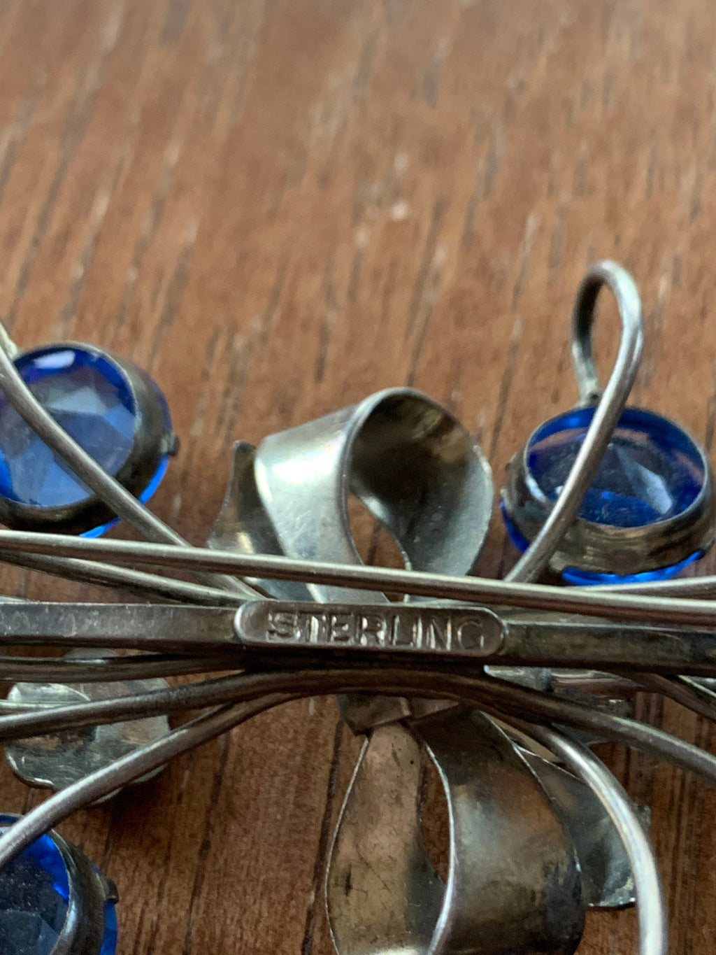 Huge Vintage  Sterling Silver Blue Glass Stone Flower Spray Brooch Pin