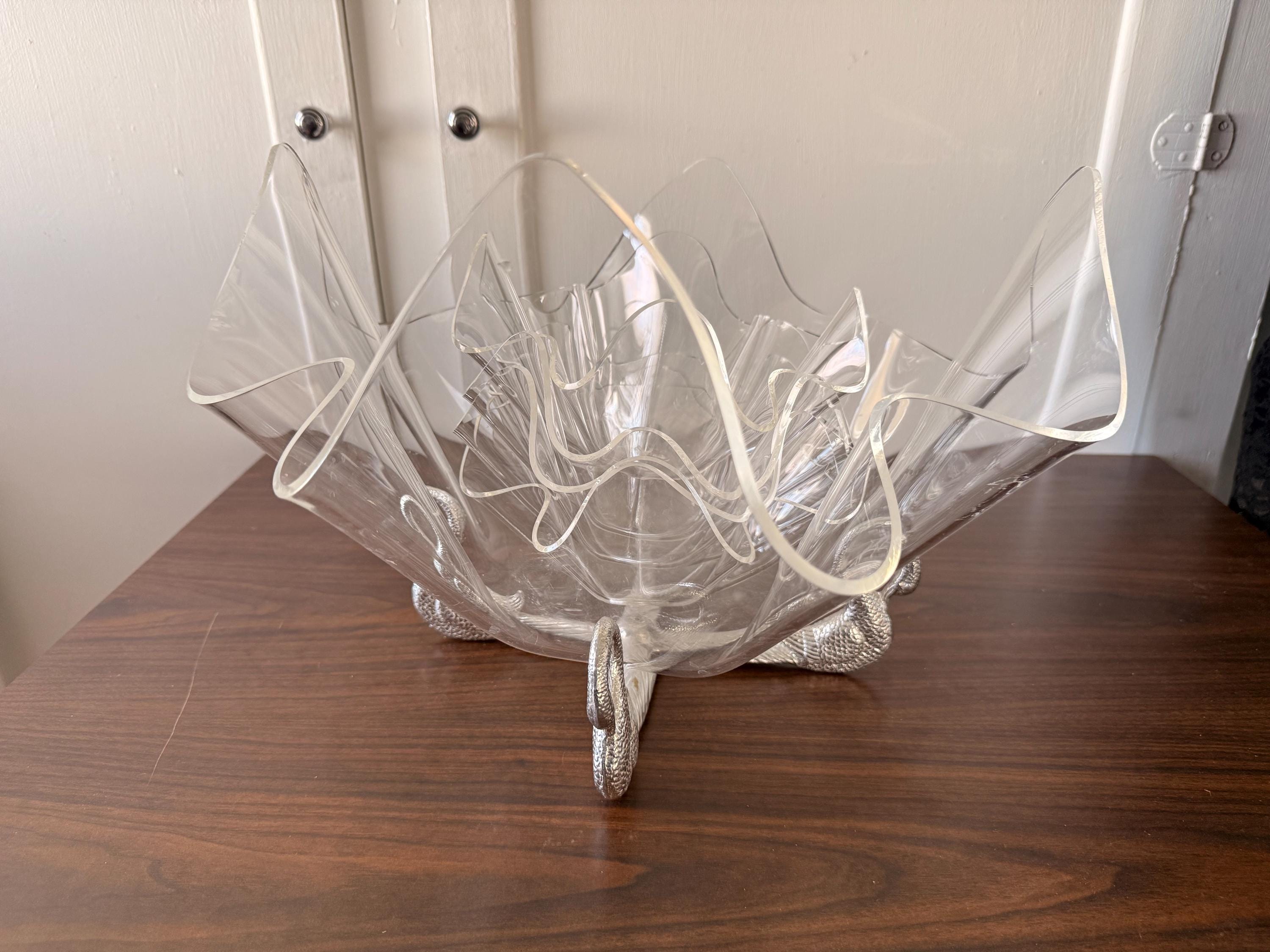 Vintage 1989 Arthur Court Large  Acrylic Salad Bowls Set Aluminum Swan Stand