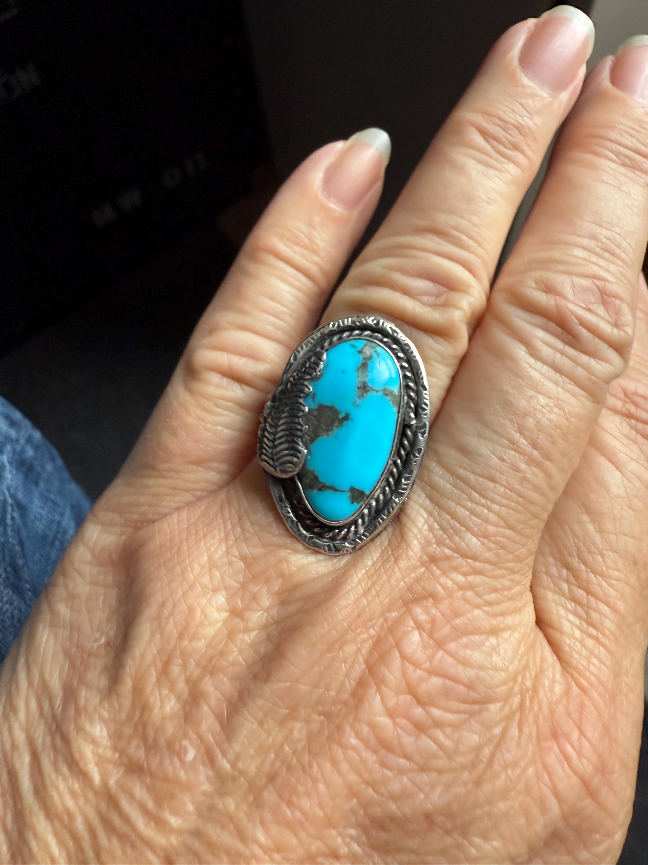 Beautiful Vintage Native American Pawn Silver Blue Turquoise Ring Size 9 1/2