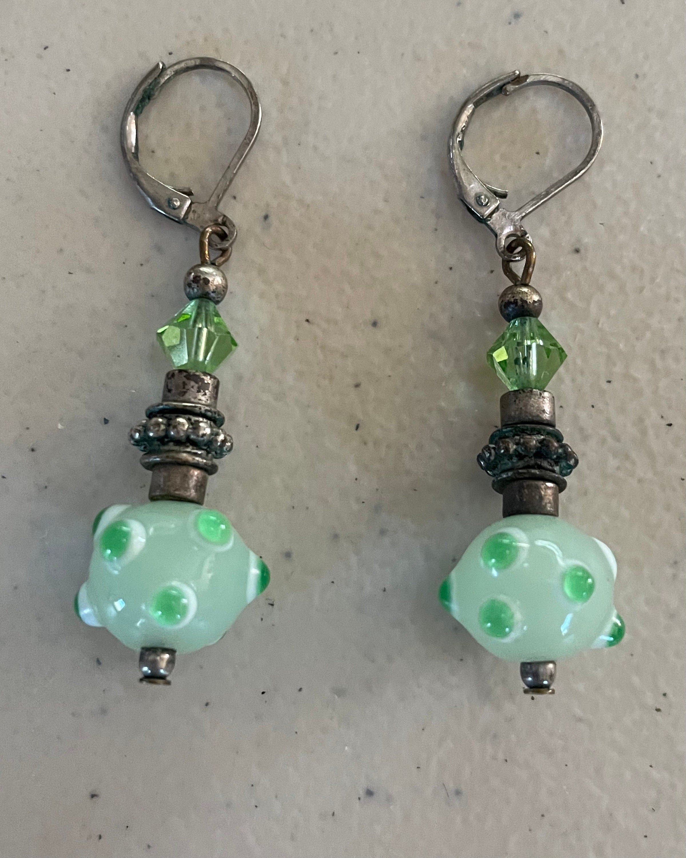 Beautiful Sterling Silver Ruby Green Glass Murano Drop Earrings