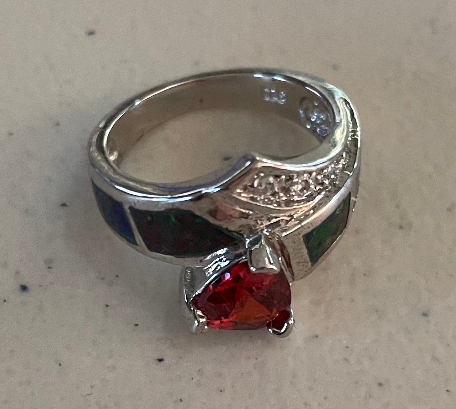 Vintage Sterling Silver Garnet Faux Opal and Clear Topaz Ring Size 6